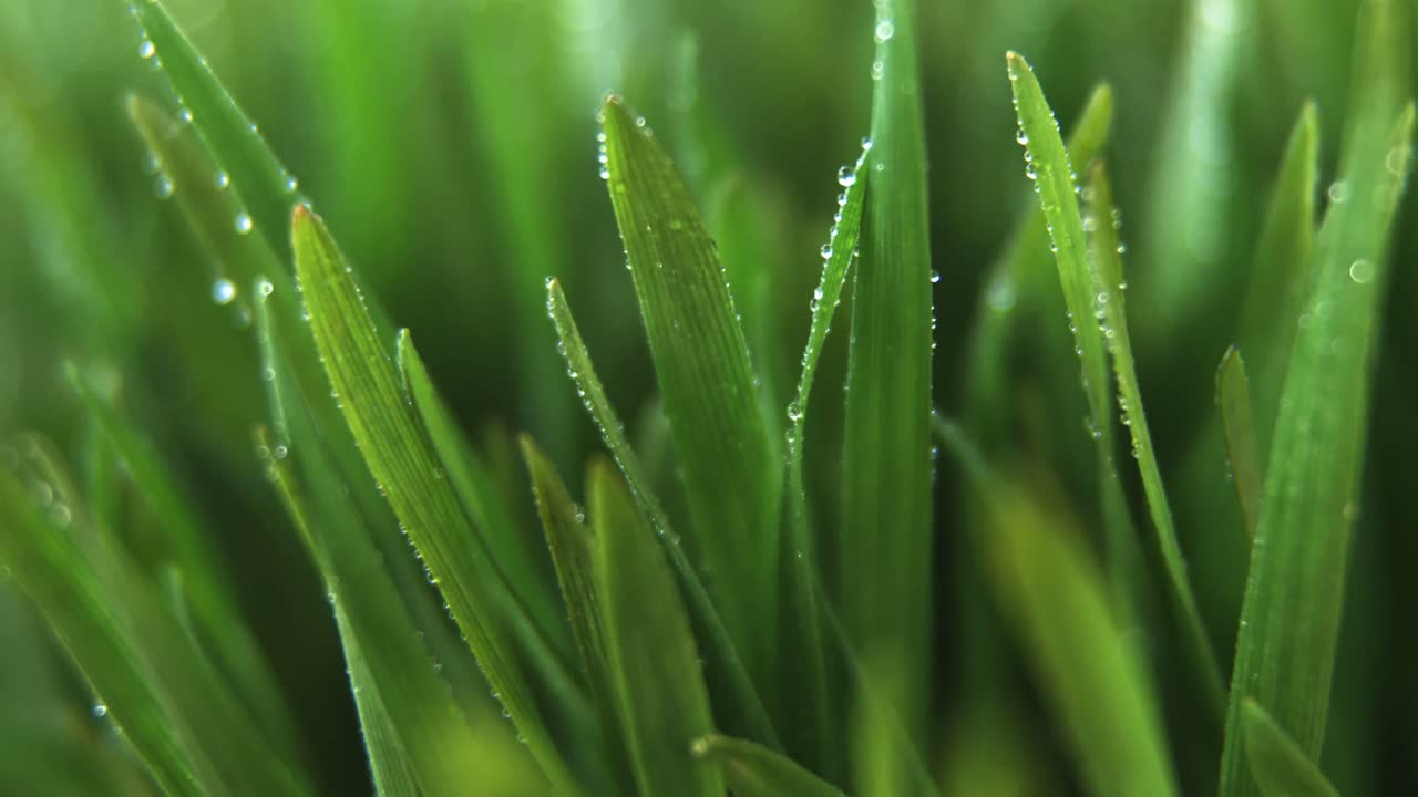primer plano de gotas de agua en el césped alto