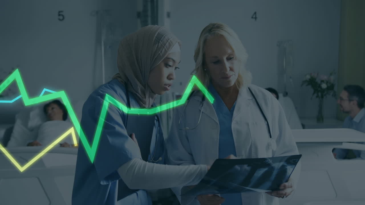 Animation of financial data processing over diverse female doctors in hospital