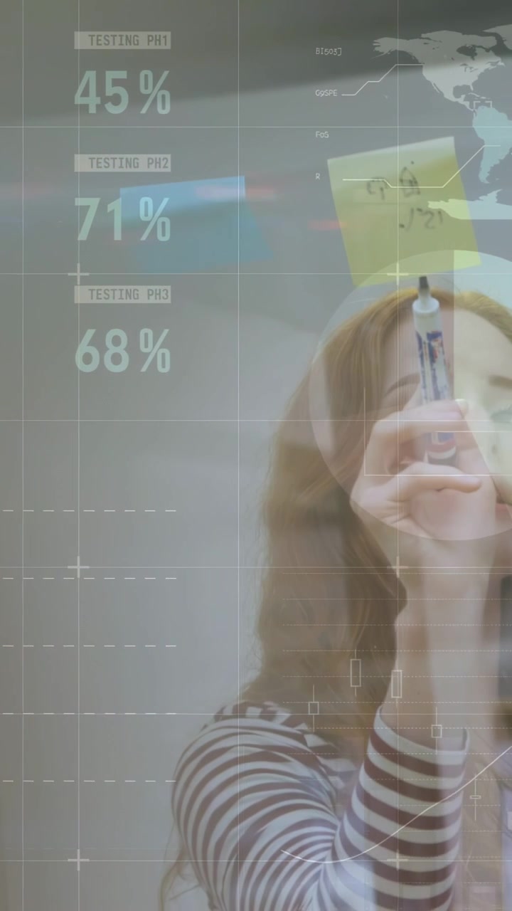 Video verticale: Donna che si gira verso una parete di vetro, alzando un pennarello e scrivendo una nota, grafici che mostrano il business K.