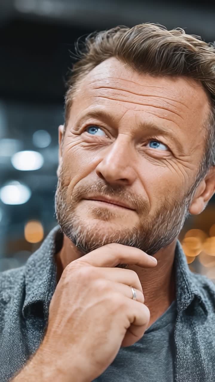 Contemplative Man with Blue Eyes and Well-Groomed Beard Thoughtfully Pondering in a Modern Environment, Reflecting on Ideas and Memories Amidst a Stylish Background