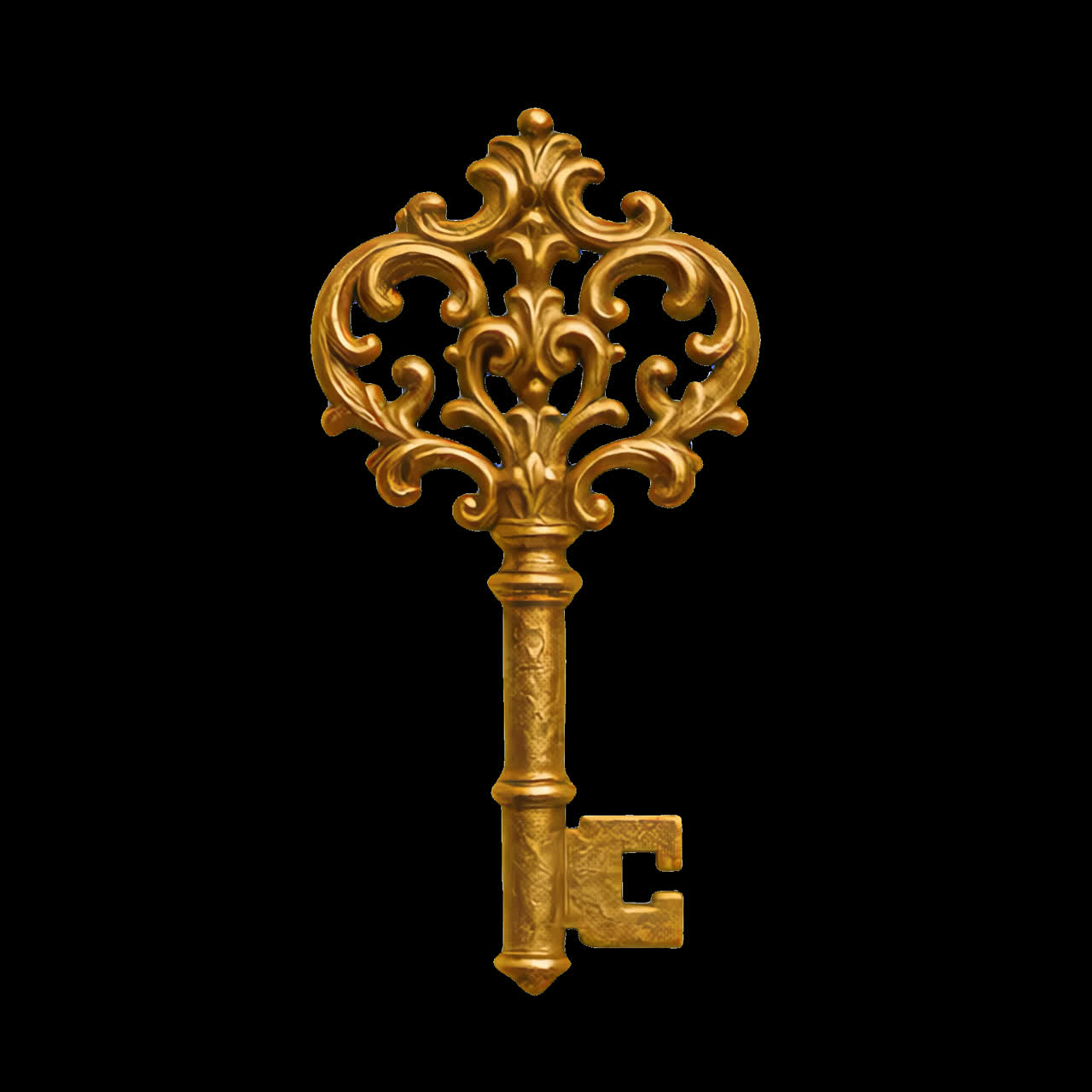 Ornate golden vintage key animation isolated asset, transparent 4K video, alpha channel, ProRes 4444