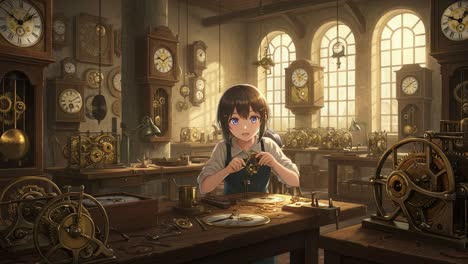 an artisan clockmaker's workshop: a young artisan delicately assembles intricate clock mechanisms surrounded by timeless instruments in a sunlit studio
