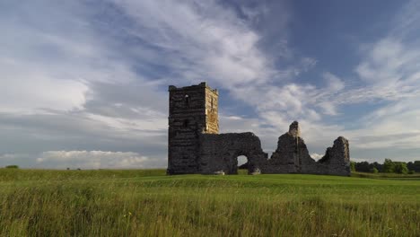 Knowlton-Church,-Dorset,-England.-Slow-pan,-morning-light