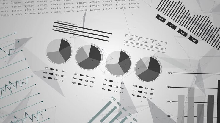 Statistics, financial market data, analysis and reports, numbers and graphs. Loopable animated opening video.