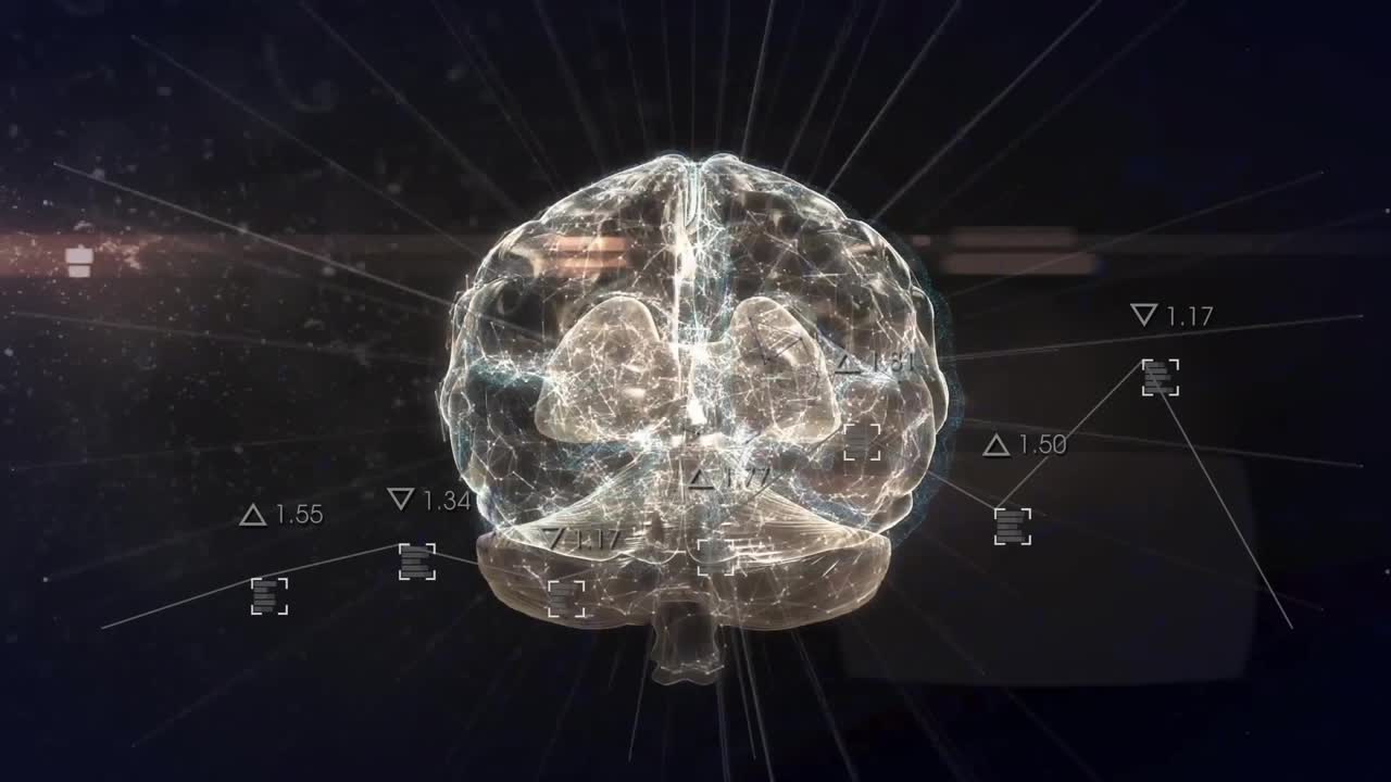 Animation of data processing and digital brain on black background