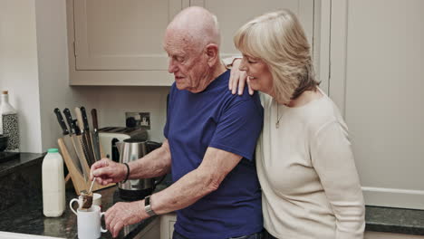 an older couple sharing a loving moment in the kitchen