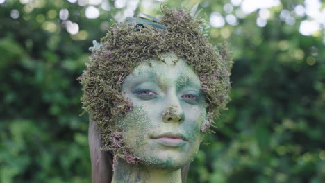 female model wearing green bodypaint looking towards the camera in a forest with a smile - close up