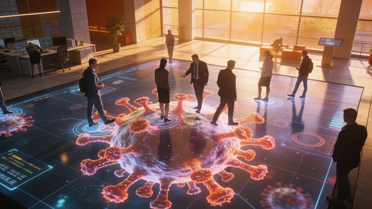 Activating hologram drawing office staff in suits toward atrium floor display studying virus model