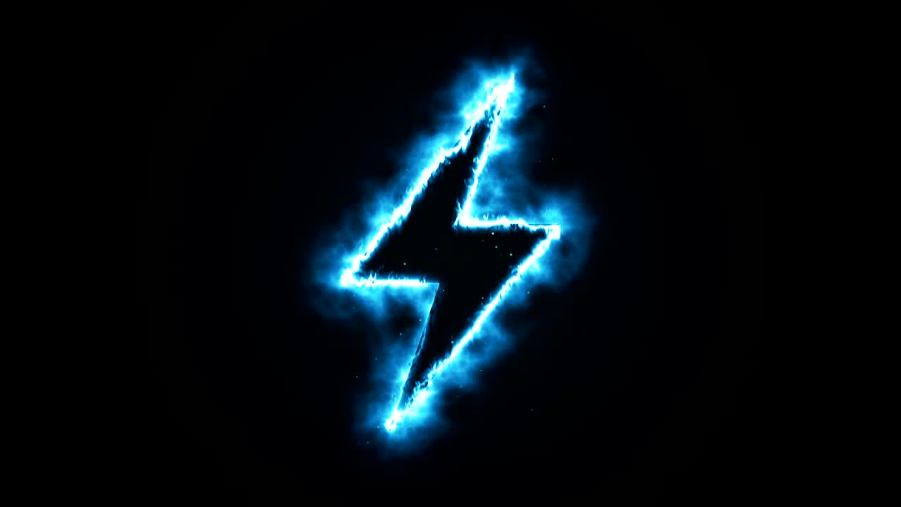 Burning blue flame lightning shape on black background, seamless animation