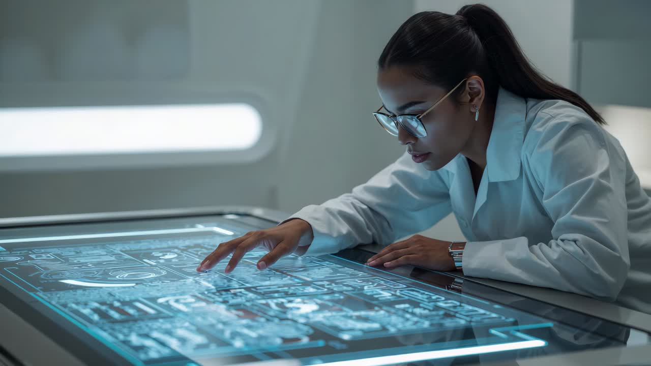 Leaning woman using touchscreen schematic while analyzing data in lab, wearing lab coat, copy space