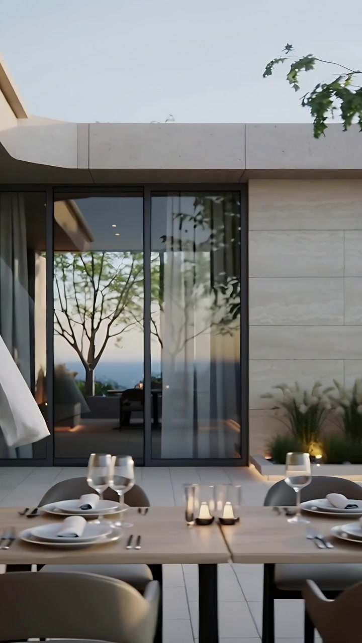 Video verticale: Ripresa panoramica di una terrazza che mostra un tavolo e porte a vetri, la brezza che incornicia la tenda, orizzonte.