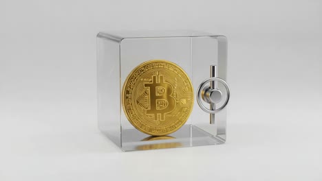 a secure display of digital currency: a golden bitcoin encased in a clear box, symbolizing safety and innovation in the cryptocurrency world