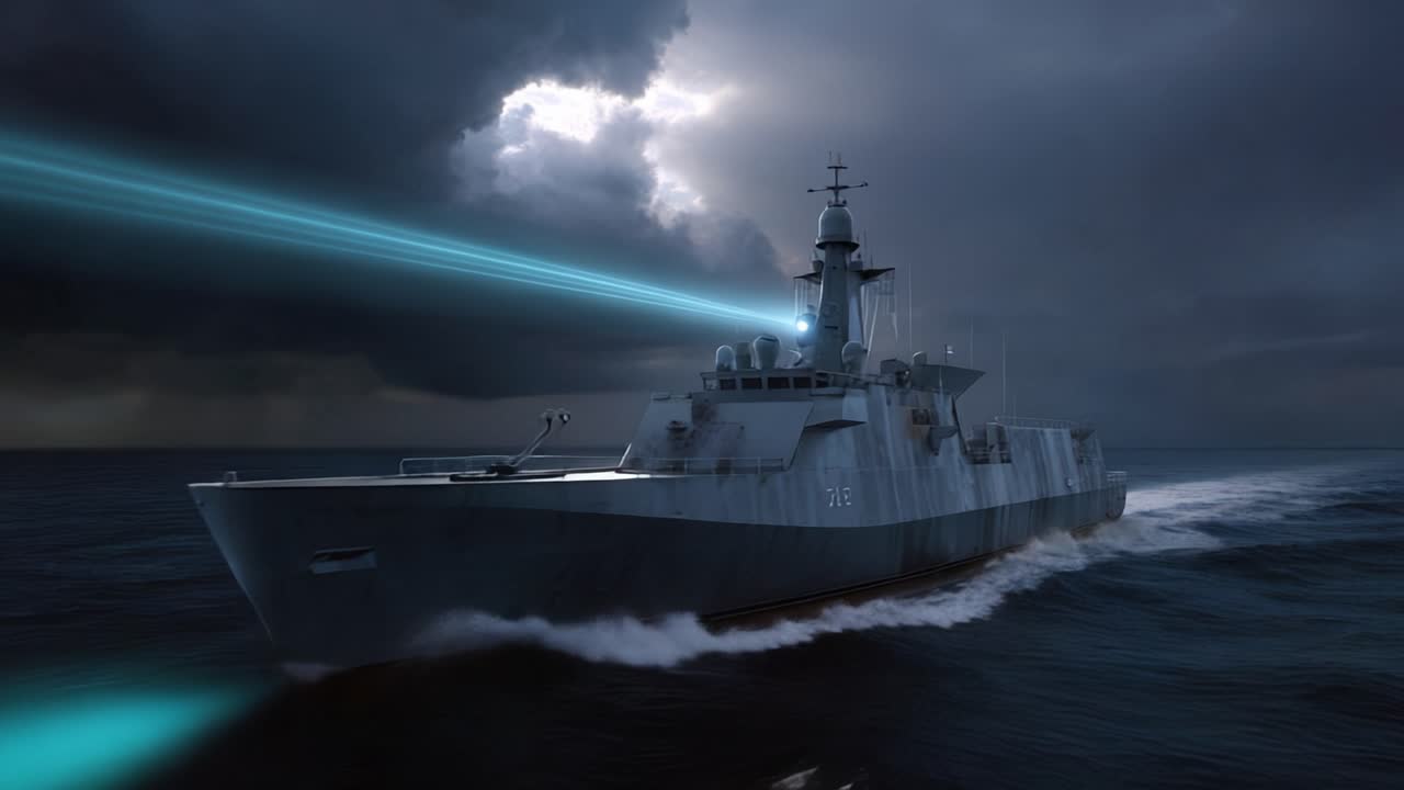 Moderna nave da guerra naviga in mari scuri e tempestosi. Fulmini squarciano il cielo sopra l'imbarcazione. Le onde si infrangono contro lo scafo mentre la nave avanza. La scena trasmette tensione.