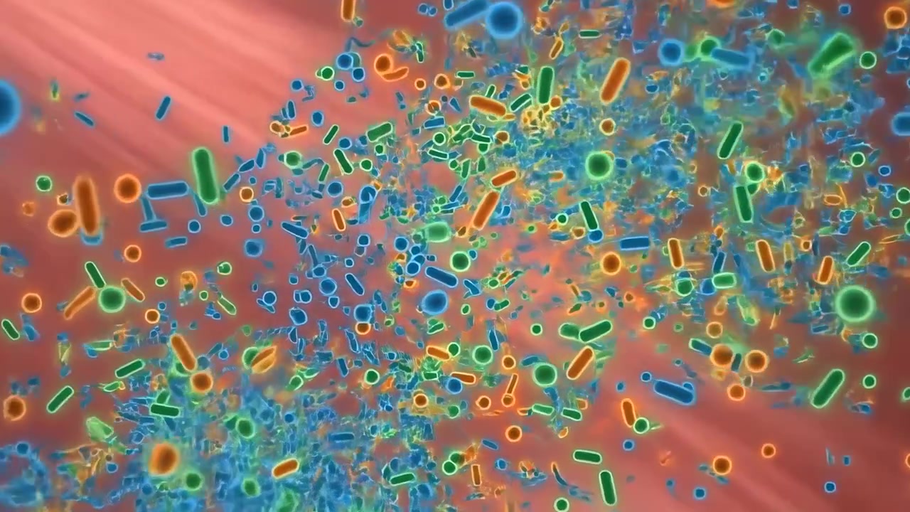 Particelle microscopiche colorate e forme simili a cellule fluttuano attraverso uno sfondo fluido rosso con densi ammassi vicino al centro e in alto a destra, creando una scena astratta scientifica luminosa con movimento sospeso