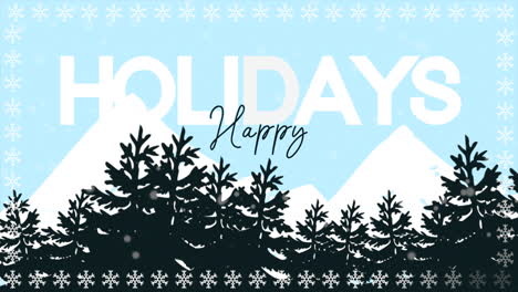 happy holidays with snow forest and mountain in sunrise