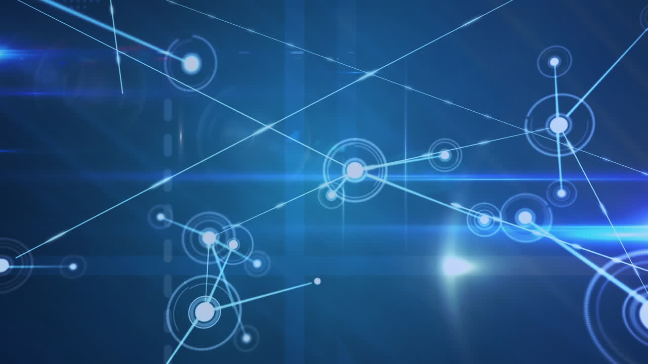 animación de puntos conectados con líneas sobre las llamaradas de la lente contra un fondo azul