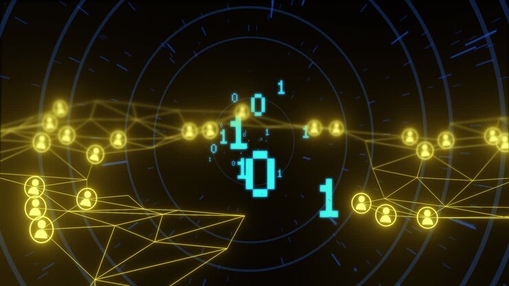 Codice binario e connessioni di rete su animazione di tunnel digitale