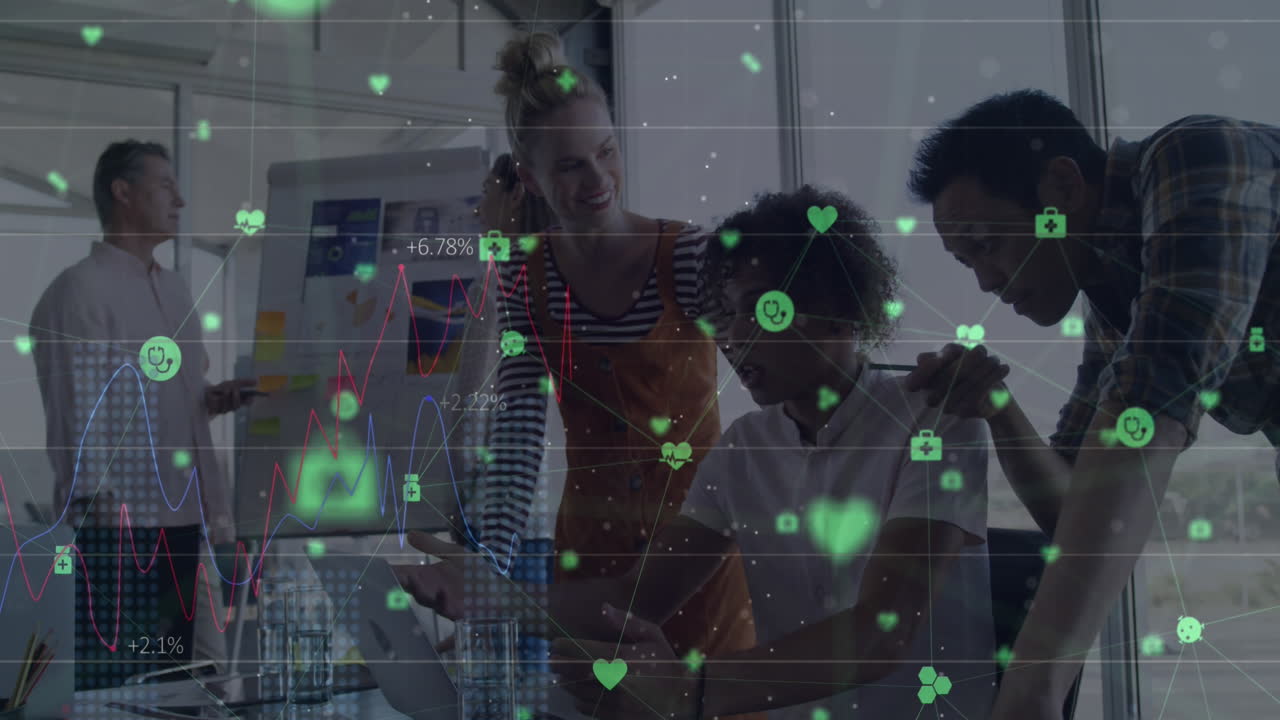 Animation of network of connections with icons over diverse business people