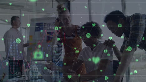 animation of network of connections with icons over diverse business people