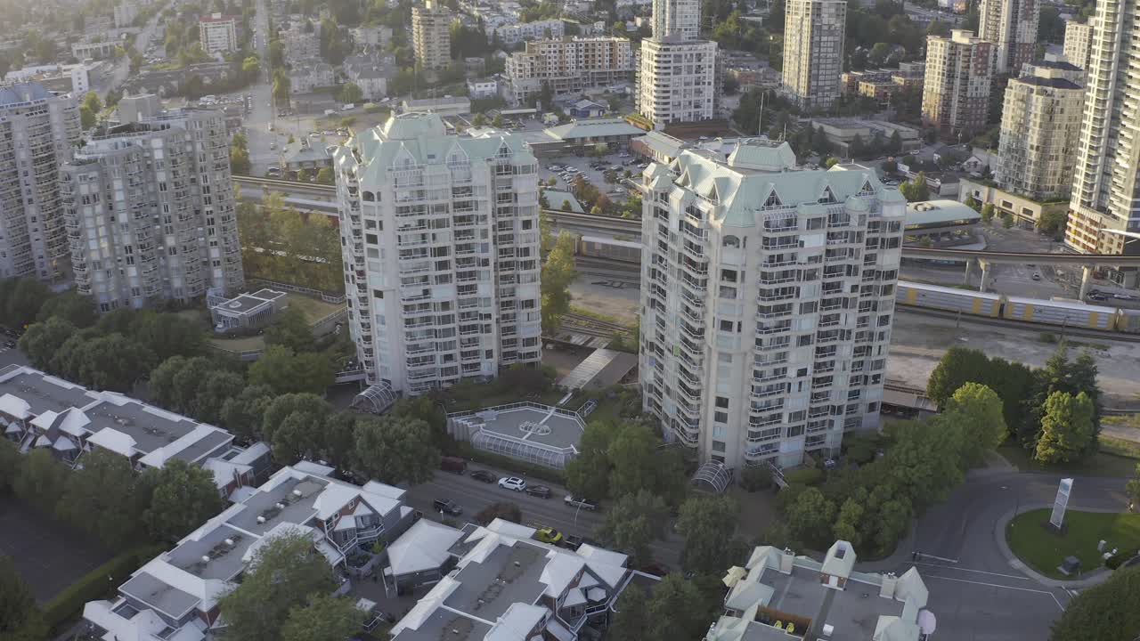 Aerial New Westminster Quay Residential Commercial Buildings Sunset Panaramic West North East