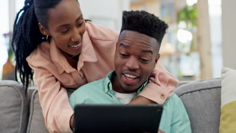 Black-couple,-tablet-and-hug-in-living-room-sofa