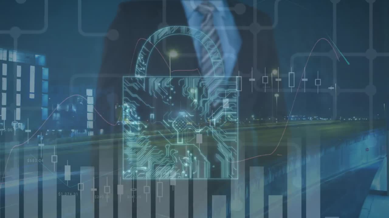 animación de procesamiento de datos y candado con empresario caucásico sobre el paisaje urbano