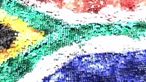 muy brillante 60 fps bandera moderna de sudáfrica en píxeles brillantes coloreados en azul, rojo, verde, oro agitando - abstracto 3d animación de bucle sin costuras uhd 4k