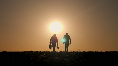 two people walking in a field at sunset