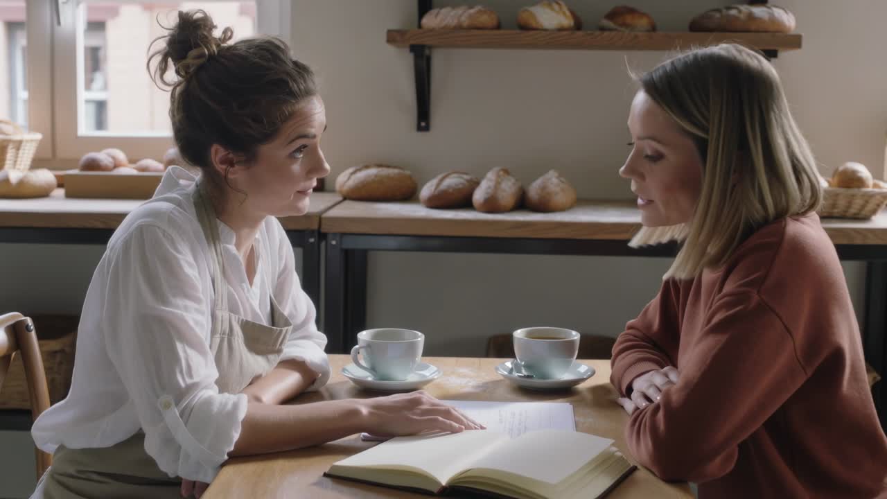 Barista con grembiule che apre il menu e assiste un cliente con maglione color ruggine che ordina al tavolo della panetteria.