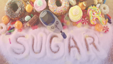 animation of sugar text over glucose meter and sweets