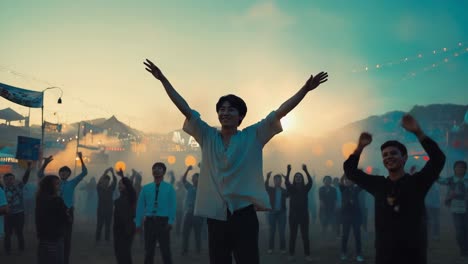 people cheering at an outdoor festival at sunset