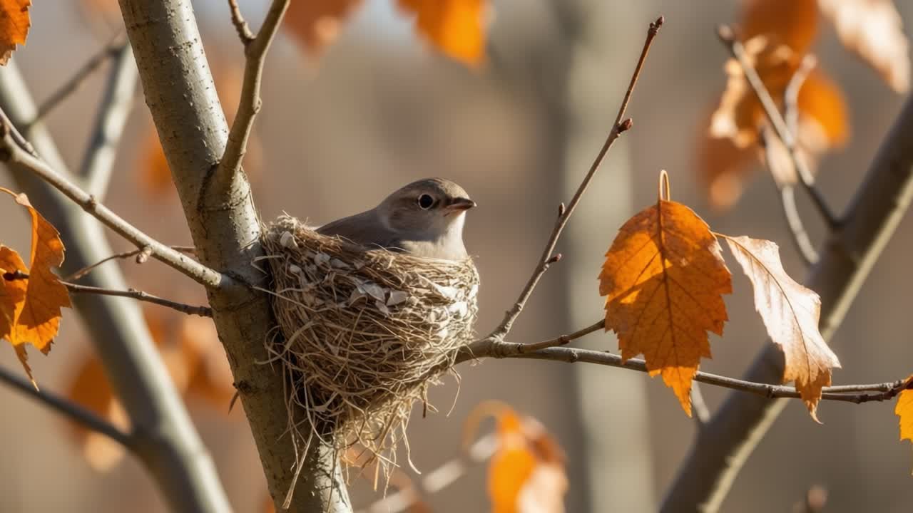 A Serene Moment: A Bird Nestled Comfortably in Its Nest Among Autumn Leaves, Capturing the Beauty of Nature's Harmony and Tranquility