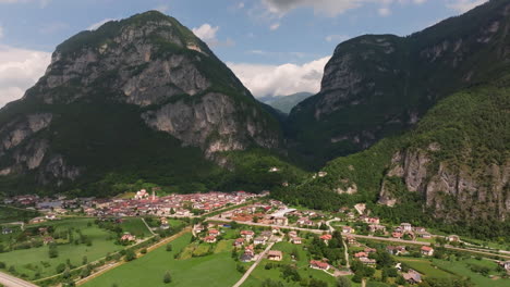 aerial view of a village nestled between mountains