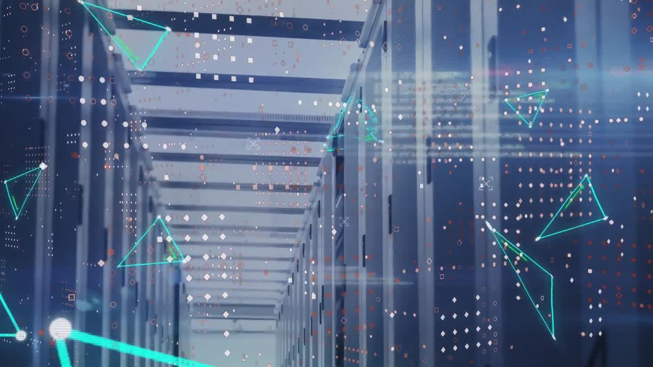 Animation of connected dots forming triangles and dots over server room in background