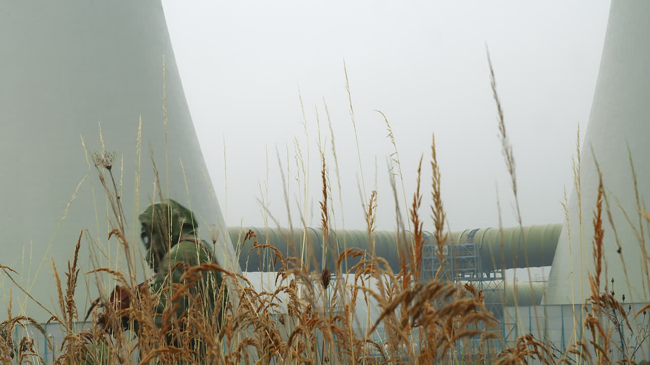 мужчина в защитном костюме измеряет радиацию на лугу перед градирнями реактора