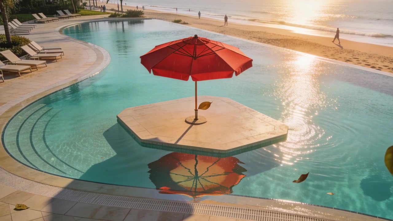 Leaves drifting from breeze touching pool, red umbrella on platform at resort reflecting