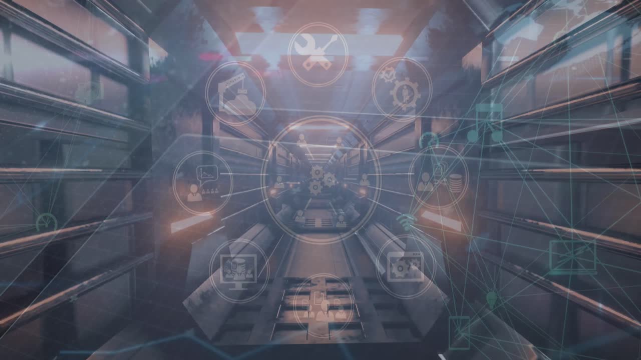 디지털 아이콘의 글로브와 디지털 아이콘의 네트워크가 네온 빛나는 터널을 통해 원활한 패턴으로 빛납니다.