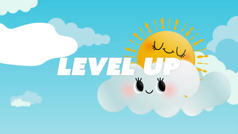 Animation-of-level-up-text-over-blue-sky-and-sun