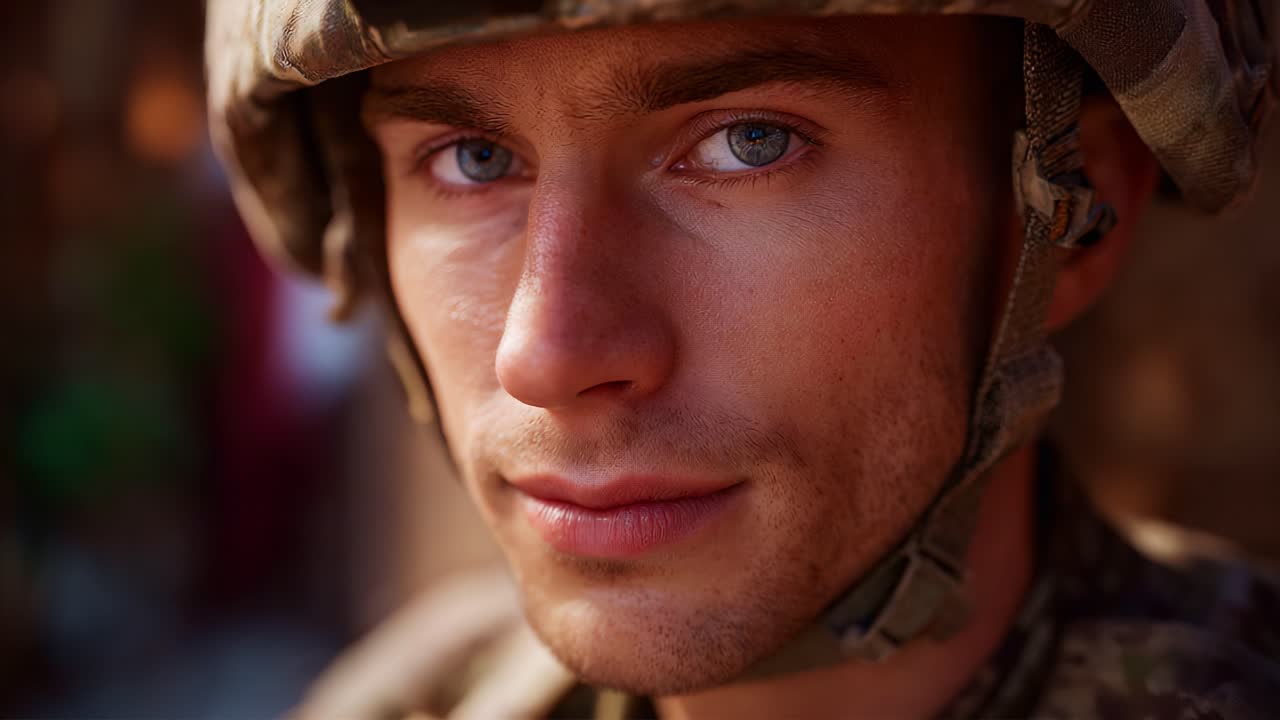 Close-up Portrait of a Soldier in Military Gear, Showcasing Intensity and Determination Through Expressive Eyes and Confident Stance, Captured in Natural Light