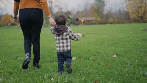 Mutter-Und-Sohn-Gehen-Im-Herbstpark-Spazieren