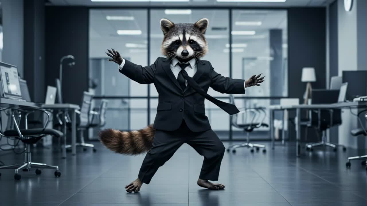 A raccoon wearing a sharp suit displays remarkable dance skills in a contemporary office setting, captivating everyone around