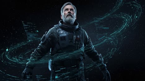 astronaut in space with holographic displays