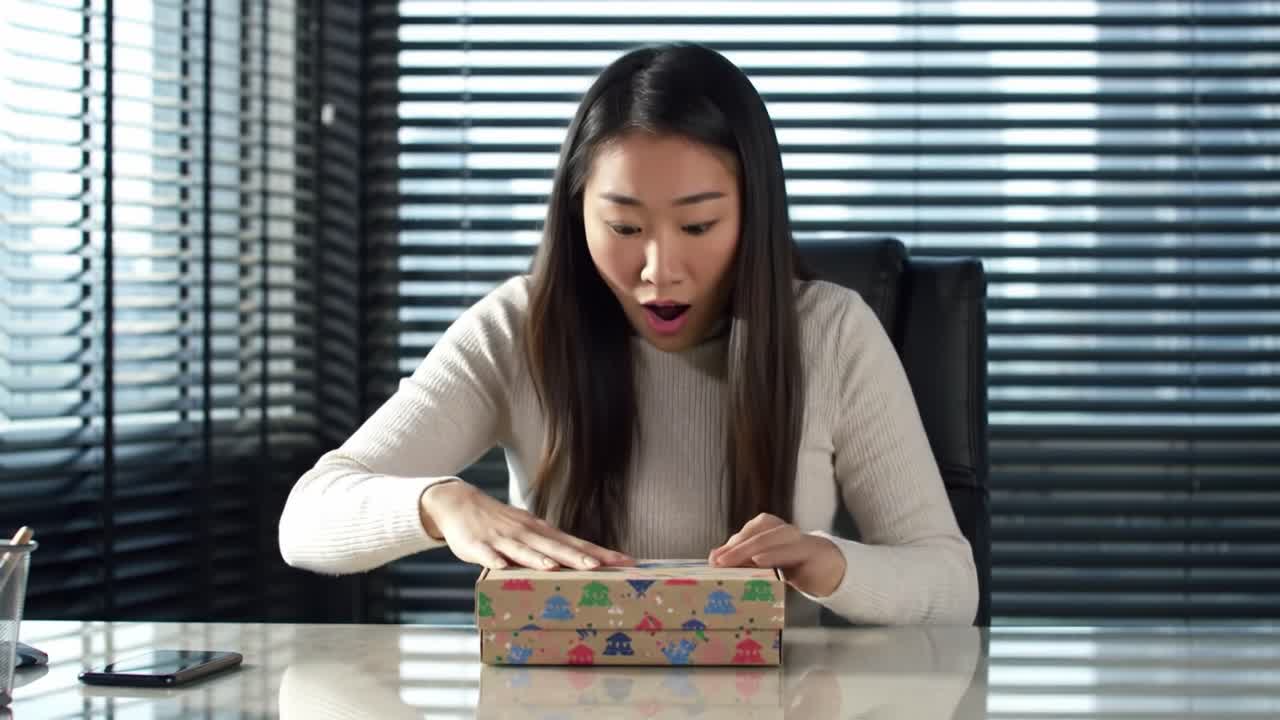 A young woman reveals her excitement while opening a beautifully wrapped gift box at her desk in a sleek office. The moment captures her joy and anticipation.
