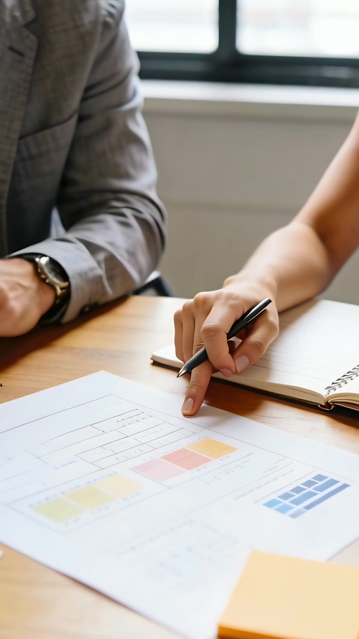 Vertical video: Leaning, pair in suit and sleeveless top pointing pens at charts for meeting
