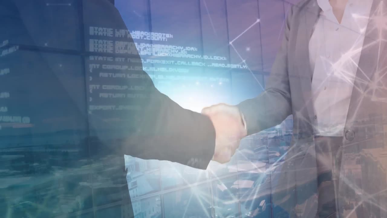 비즈니스맨과 비즈니스맨이 손을 흔드는 데이터 처리의 애니메이션