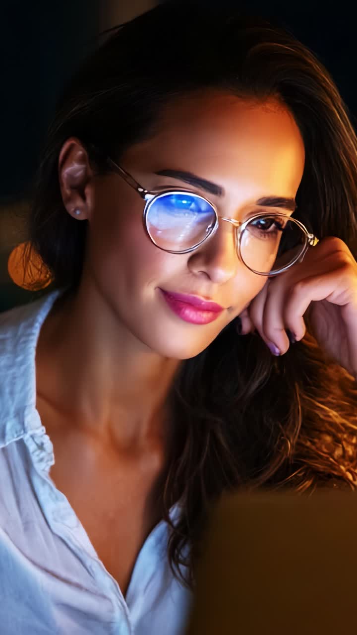 A thoughtful woman wearing glasses intently gazes at a laptop screen, illuminated by soft light, lost in concentration during a late-night study session