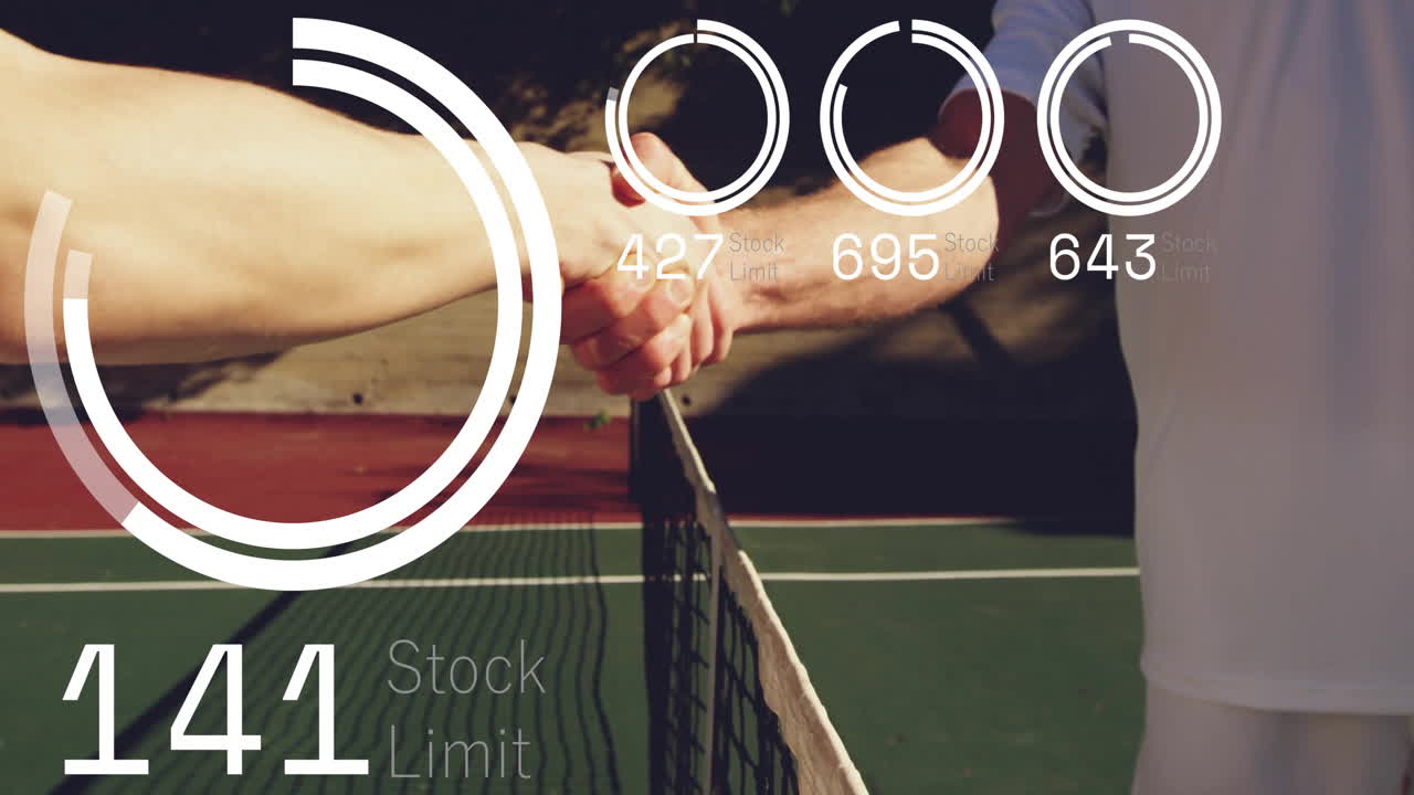 woman shaking hands with male opponent on tennis court, displaying tech HUD rings and stock limits