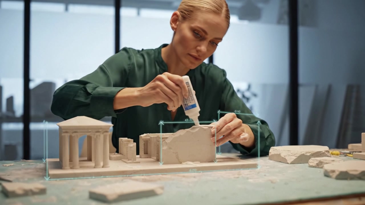 Eine fokussierte Frau, die akribisch ein detailliertes Architekturmodell aus Modellbaumaterialien zusammenfügt und dabei Handwerkskunst und Kreativität in einer modernen Arbeitsumgebung präsentiert.