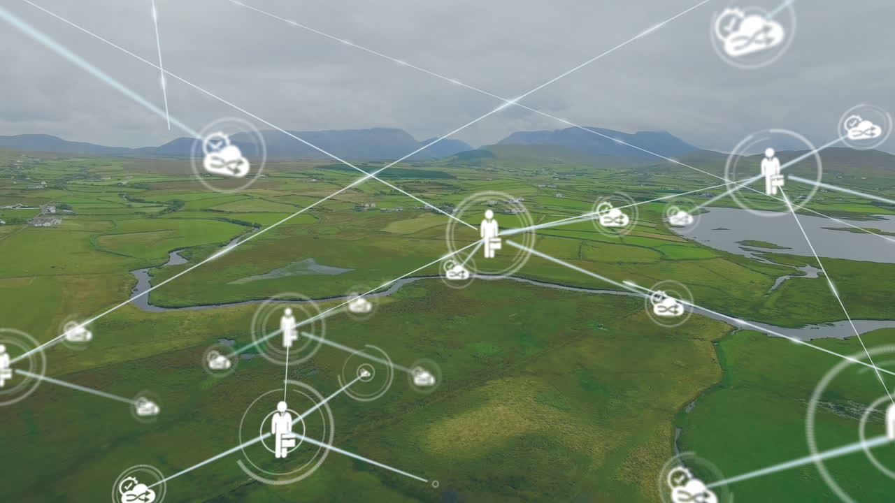 Network of connections and data processing animation over lush green landscape