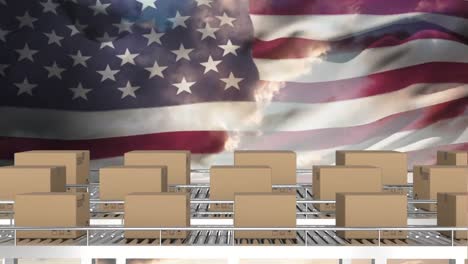 Animation-of-conveyor-belts-with-cardboard-boxes-over-flag-of-united-states-of-america